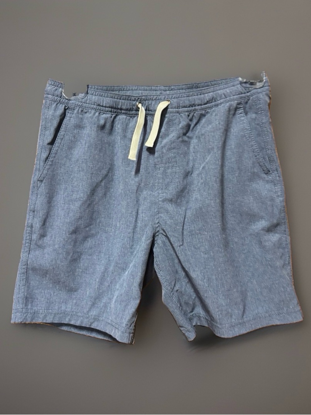 Fair Harbor Kids Swim Trunks in Heather Blue with Cream Drawstring
